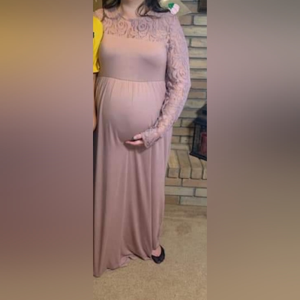Pink blush dusty rose maternity maxi dress with lace sleeves